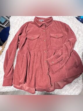 Corduroy Button-Down Peplum Shirt - Dusty Rose